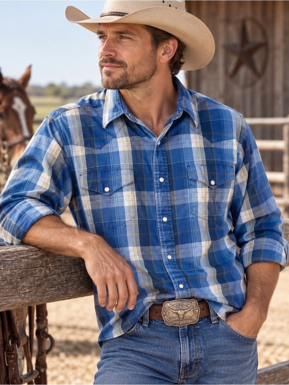 Wrangler Western Shirt Men’s Medium Blue Plaid Pearl Snap Cowboy 100% Cotton